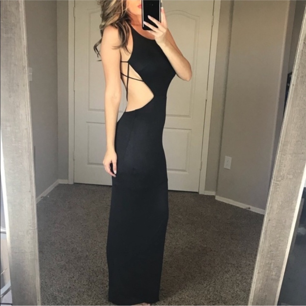 NWT Poshshop Charcoal Faux Suede Cutout Maxi Dress - Picture 2 of 6